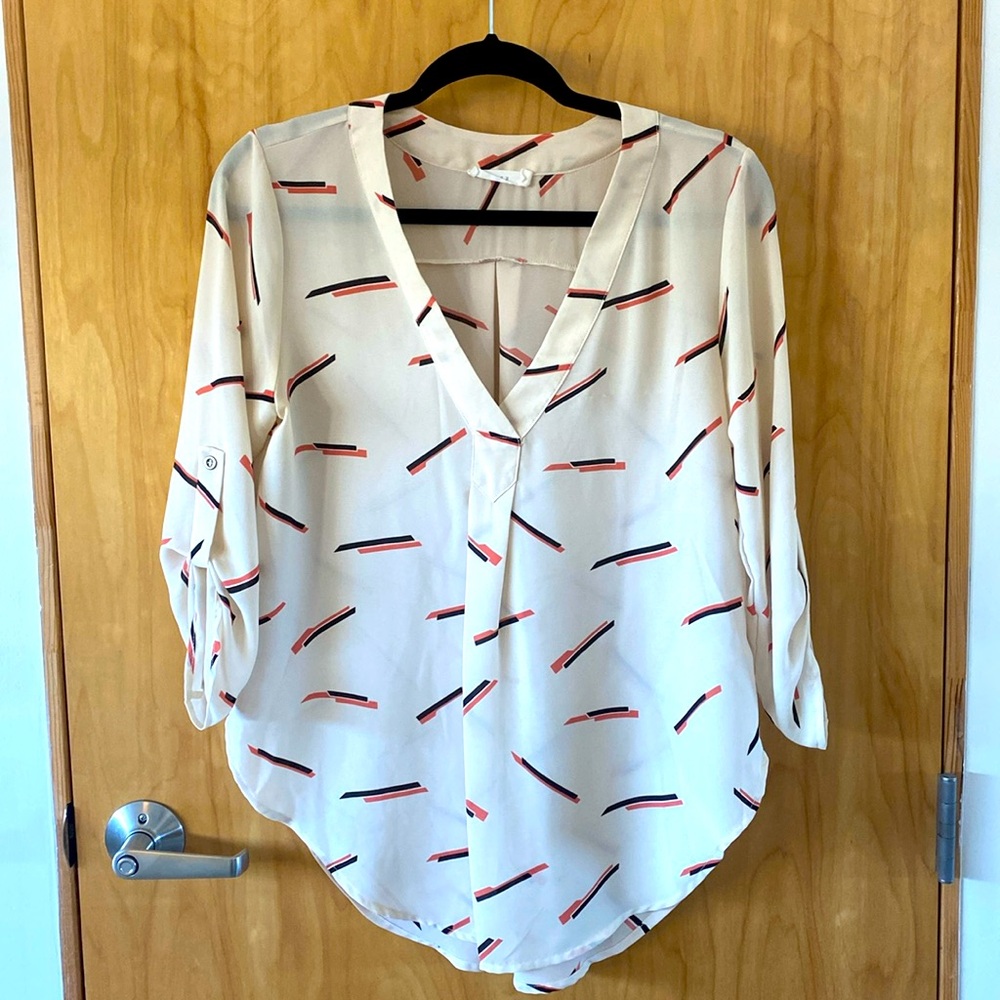 Lush Cream Patterned Quarter Sleeve Blouse, Small